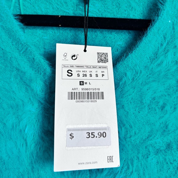NWT ZARA Faux Fur Crop Sweater Cardigan- Teal - Picture 8 of 11